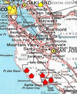 A red polygon indicates an extant occurrence; yellow indicates the occurrence has been extirpated. 